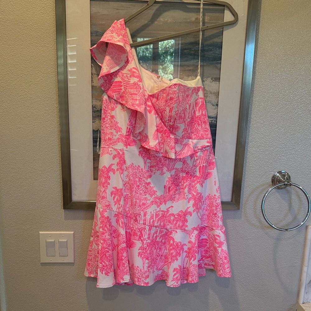 Lilly Pulitzer Pink and White One-Shoulder Mini Dress